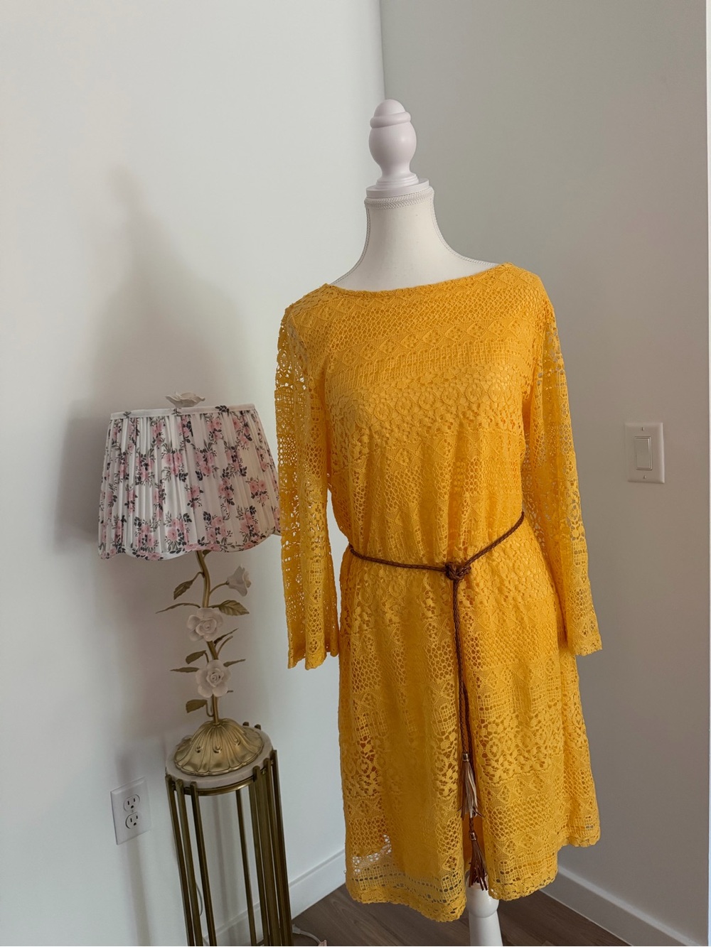 Women’s Yellow Lace Fit-and-Flare Dress with Belt